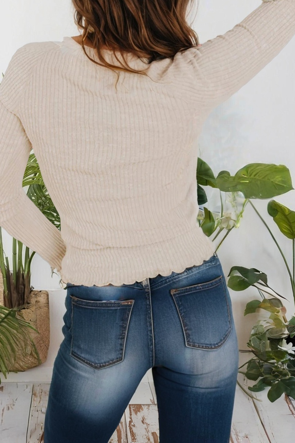 Lace Neckline Button Decor Lettuce Edge Ribbed Top (S-XL)