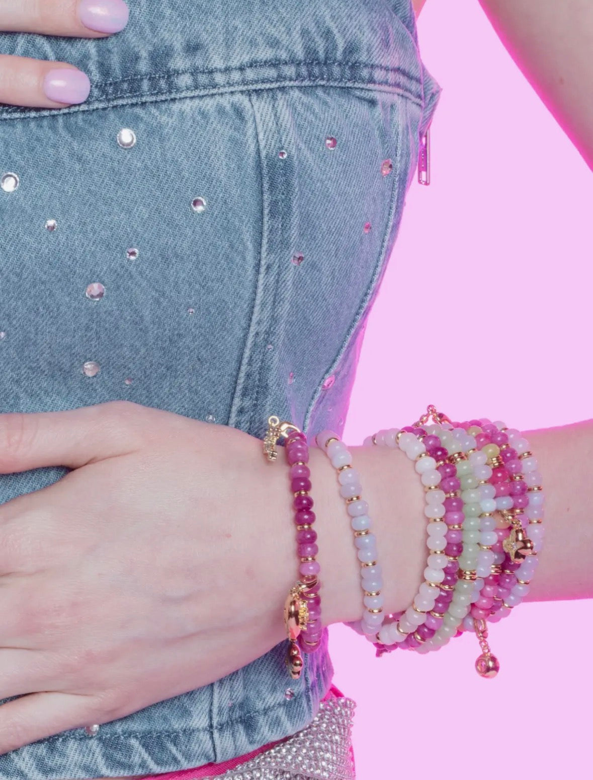 Gemstone Stretch Bead Bracelet Light Pink