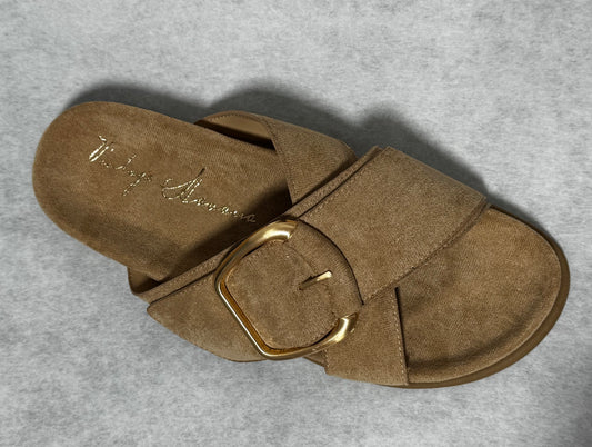 Taupe buckle criss cross sandal