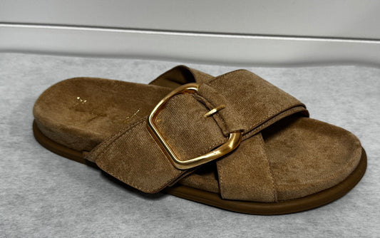 Taupe buckle criss cross sandal