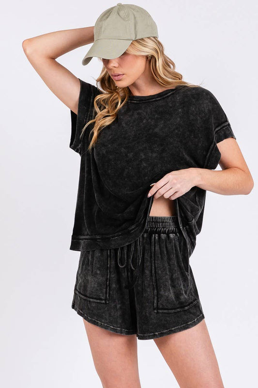 MINERAL WASHED TOP AND SHORTS RIB SET