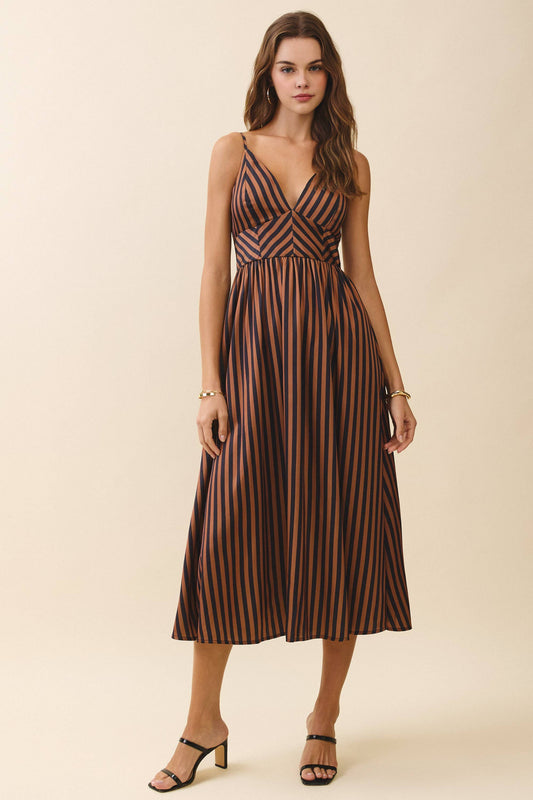 CD06334-Striped V Neck Smocked Back Midi Dress