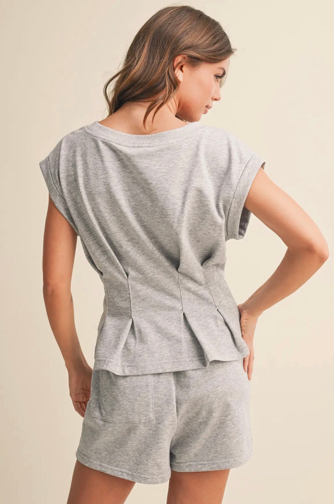 Short Sleeve French Terry Pleated Top and Shorts