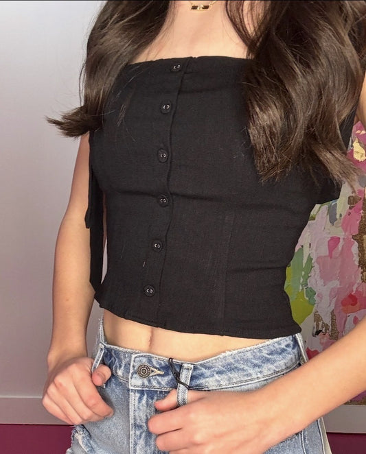 Stretchy Linen Button Down Tie Strap Top