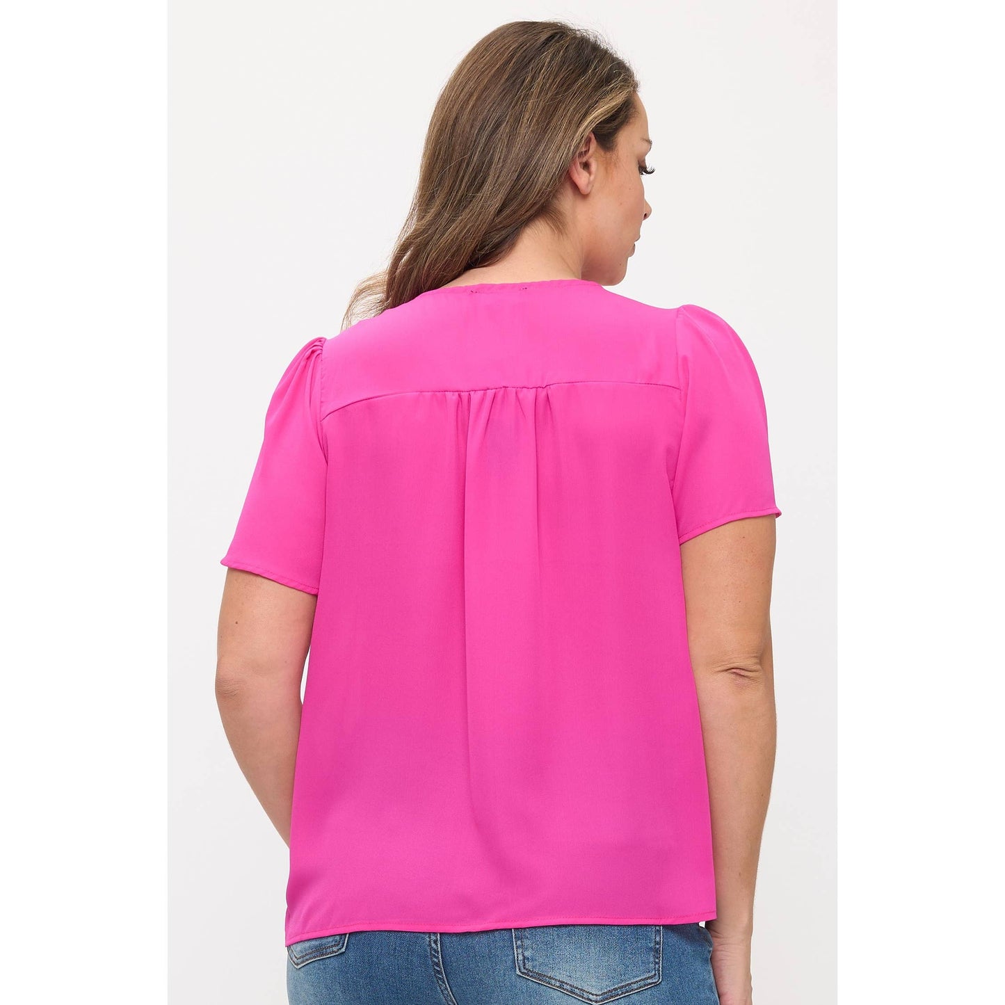 PLUS SIZE BUTTON DOWN SHORT SLEEVE V NECK BLOUSE