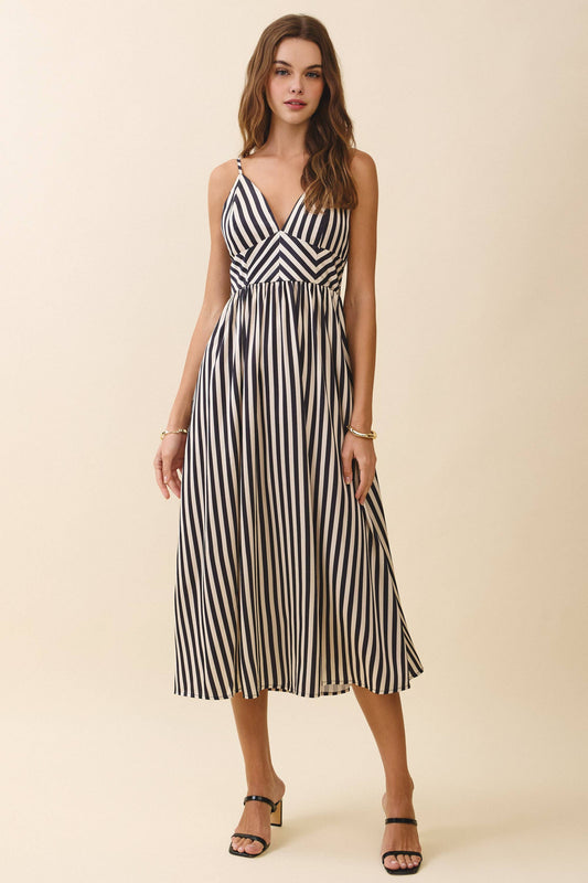 CD06334-Striped V Neck Smocked Back Midi Dress