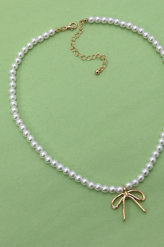PEARL CHAIN BOW CHARM NECKLACE | 80N342
