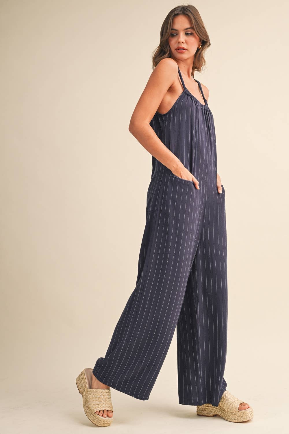 IJP3259 PINSTRIPE RELAXED FIT SLEEVELESS JUMPSUIT
