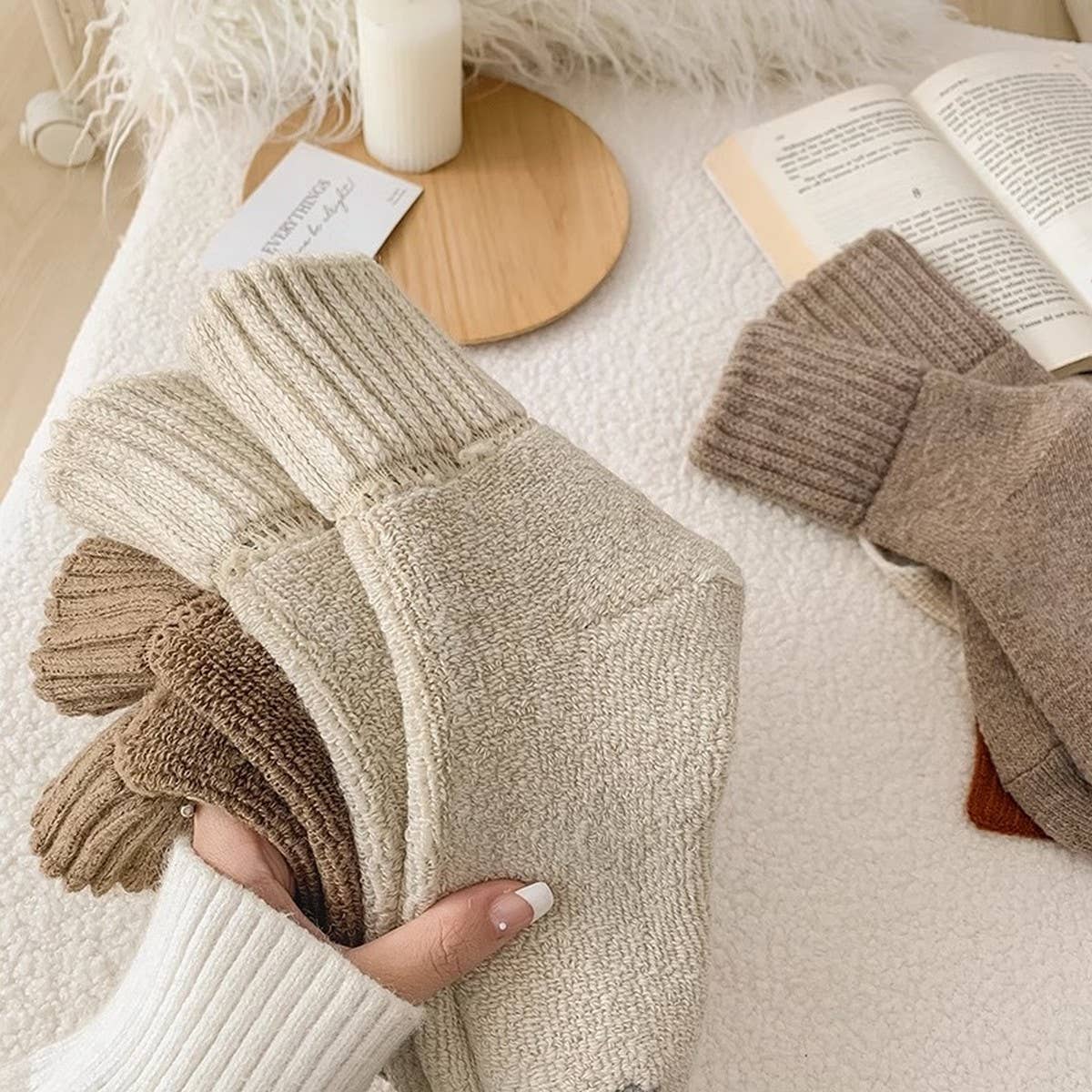 Brown Thick Crew Socks Women Winter Warm Cozy_CWMS02814
