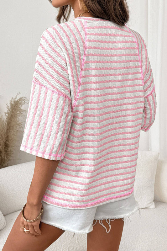 Stripe Textured Knit Split Hem Half Sleeve Top | S-4X