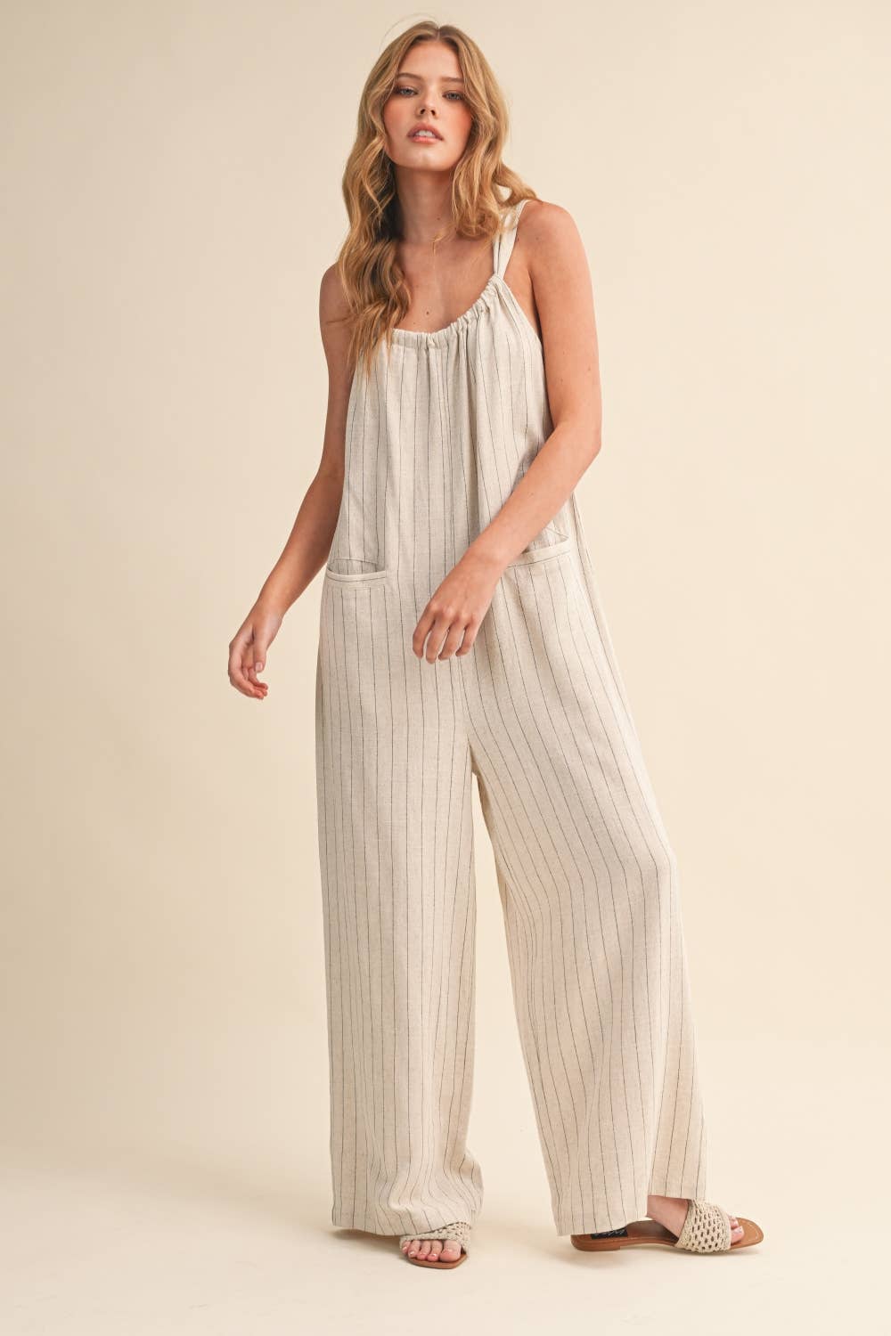 IJP3259 PINSTRIPE RELAXED FIT SLEEVELESS JUMPSUIT