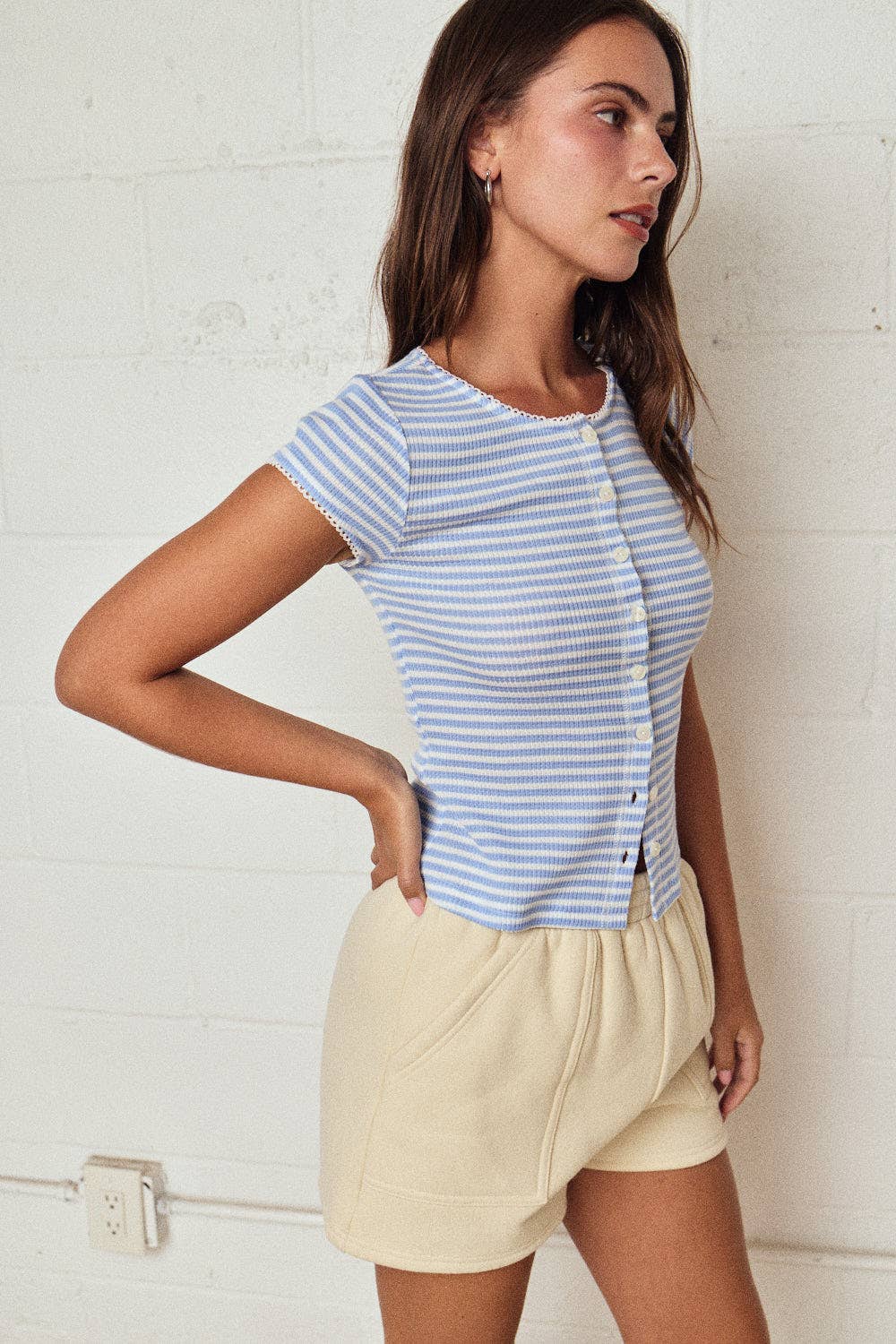 PT19580 - Striped Ribbed Button Front Top