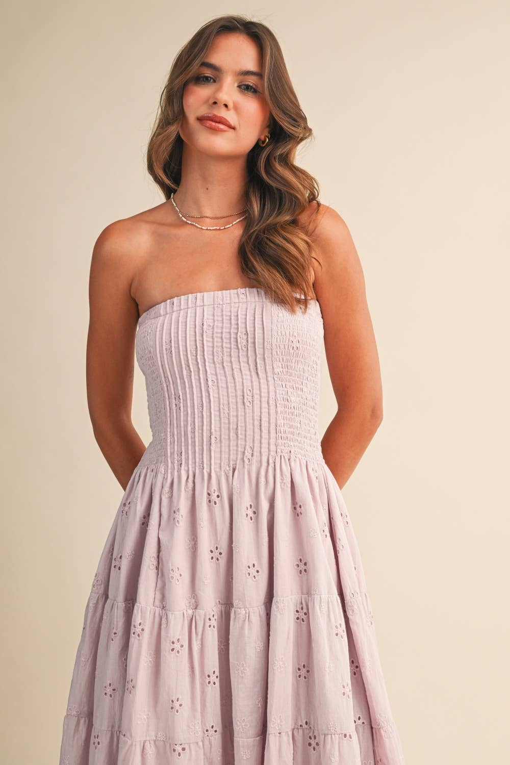 ID9542 PLEATED DETAIL LAYERED MIDI DRESS