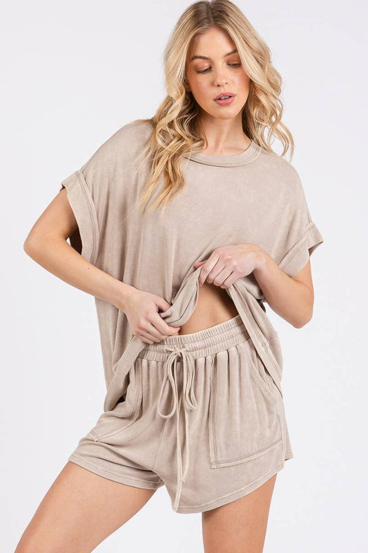 MINERAL WASHED TOP AND SHORTS RIB SET