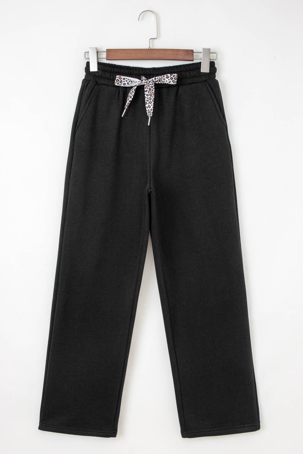 Fleece Lined Leopard Drawstring Elastic Waist Solid Pants