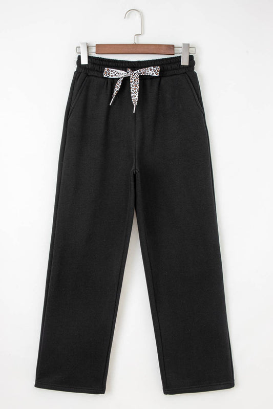 Fleece Lined Leopard Drawstring Elastic Waist Solid Pants