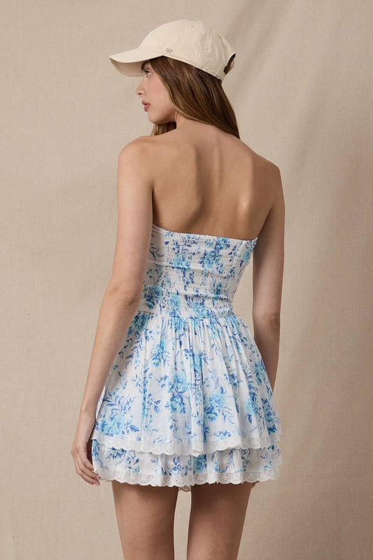 BLUE FLORAL TIERED LACE DOWN TUBE MINI DRESS