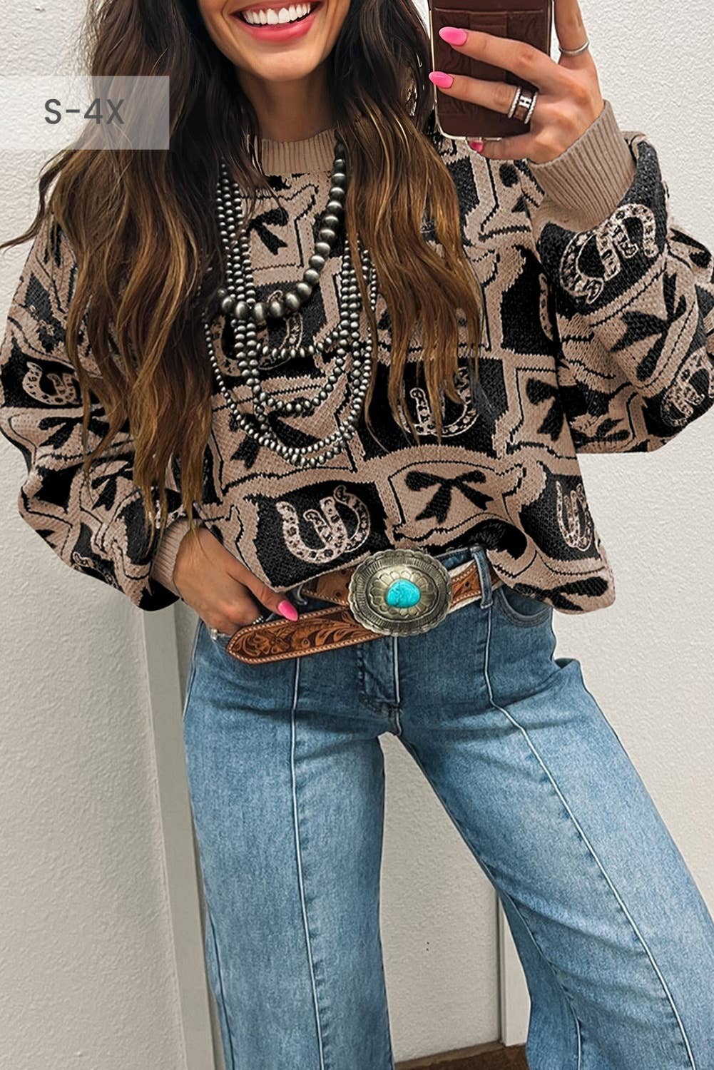 Bows Horseshoes Pattern Western Plus Size Sweater (S-4X)