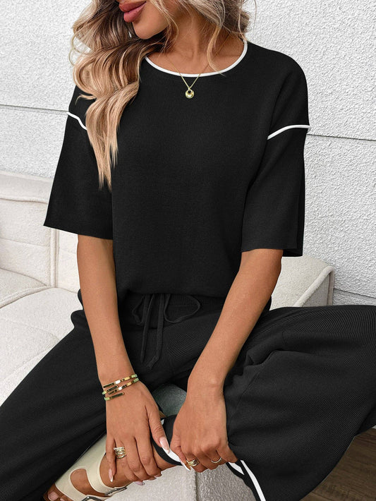 Knit Lounge Set Short Sleeve Top Wide Leg Pants