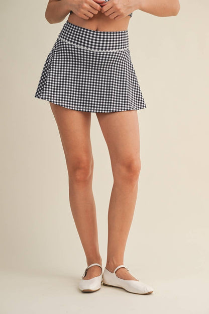 Gingham Print Mini Circle Skort with Bow Back and Lace Trim