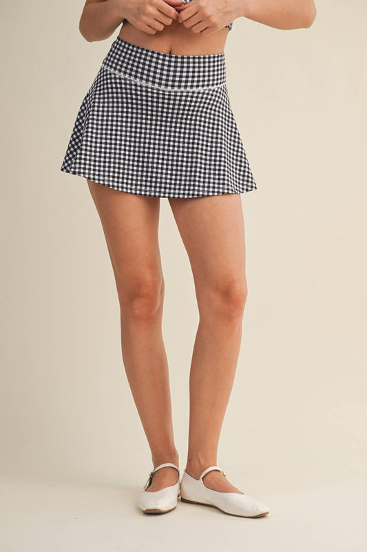 Gingham Print Mini Circle Skort with Bow Back and Lace Trim