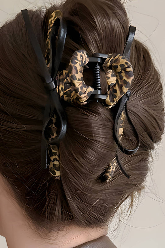 Leopard Cloth Wrap Over Contrast Bow Detail Hair Claw Clip