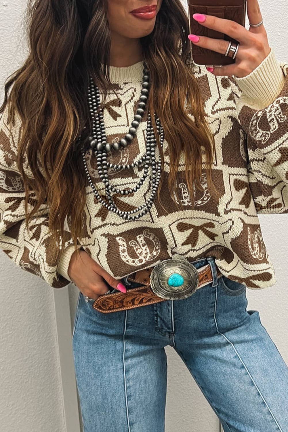 Bows Horseshoes Pattern Western Plus Size Sweater (S-4X)