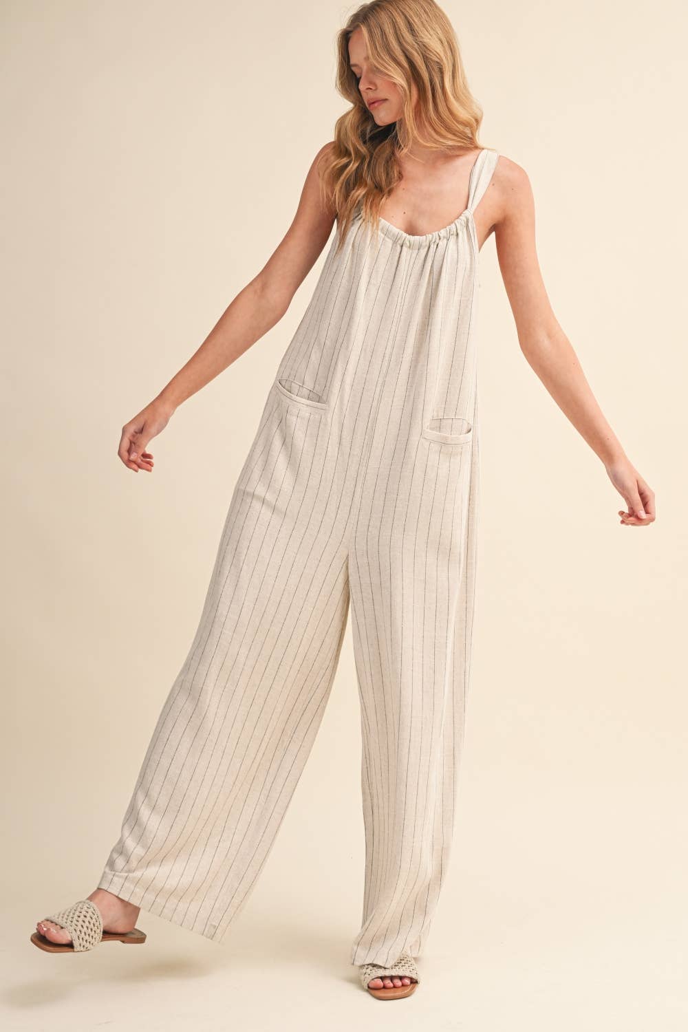 IJP3259 PINSTRIPE RELAXED FIT SLEEVELESS JUMPSUIT