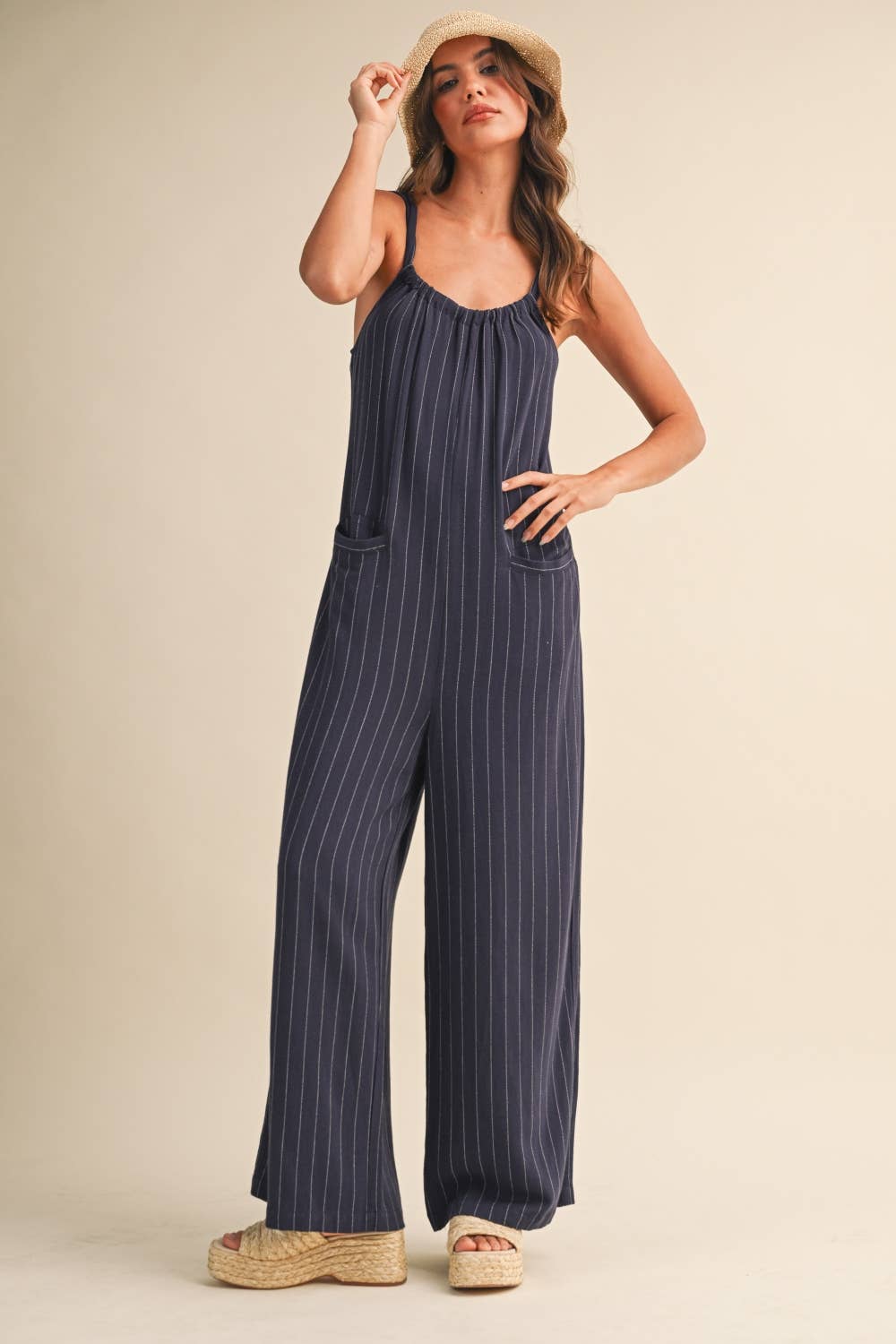 IJP3259 PINSTRIPE RELAXED FIT SLEEVELESS JUMPSUIT