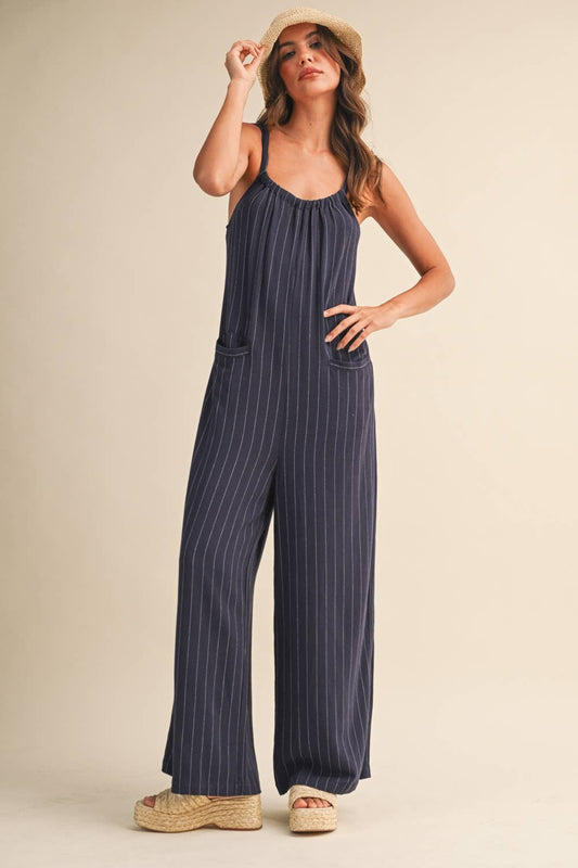 IJP3259 PINSTRIPE RELAXED FIT SLEEVELESS JUMPSUIT