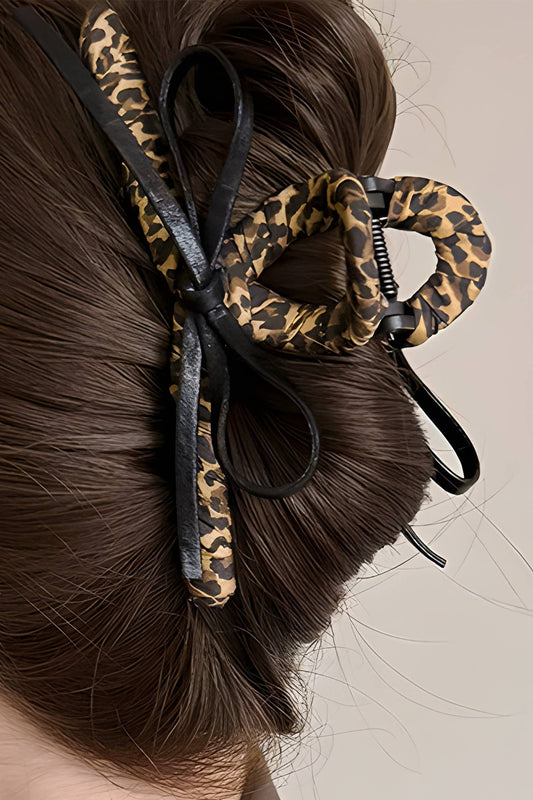 Leopard Cloth Wrap Over Contrast Bow Detail Hair Claw Clip