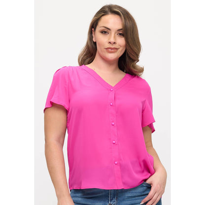 PLUS SIZE BUTTON DOWN SHORT SLEEVE V NECK BLOUSE