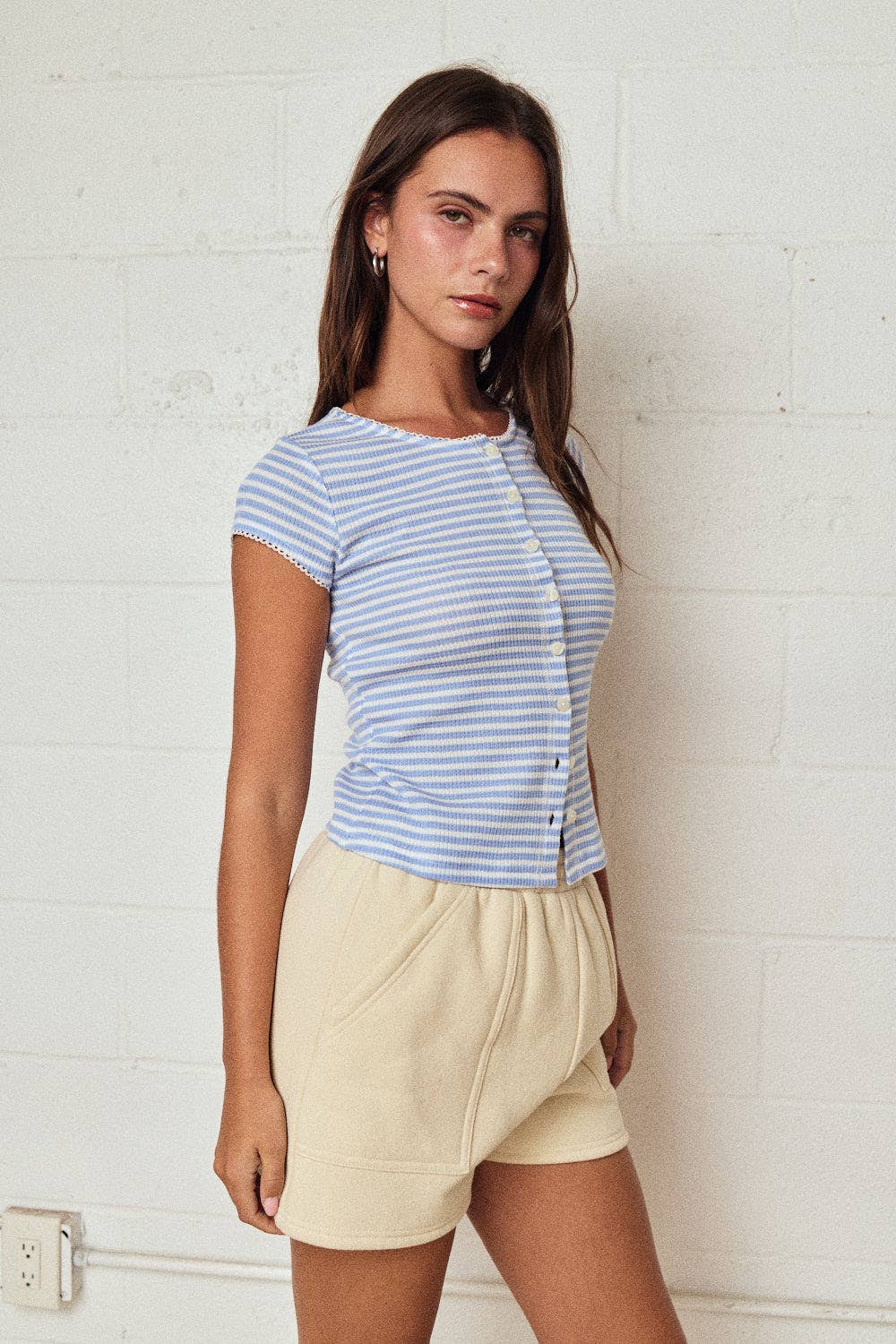 PT19580 - Striped Ribbed Button Front Top