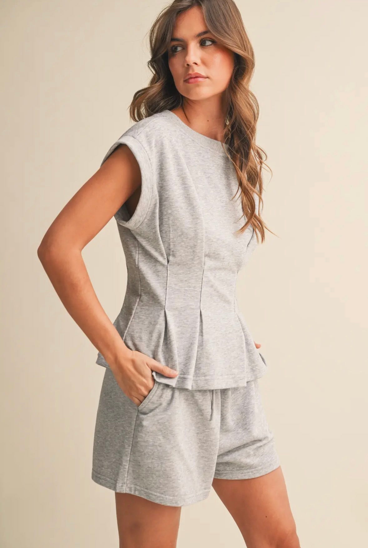 Short Sleeve French Terry Pleated Top and Shorts