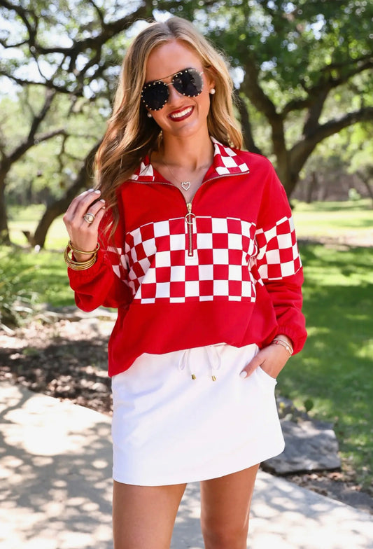 Red End Zone Checkered Pullover
