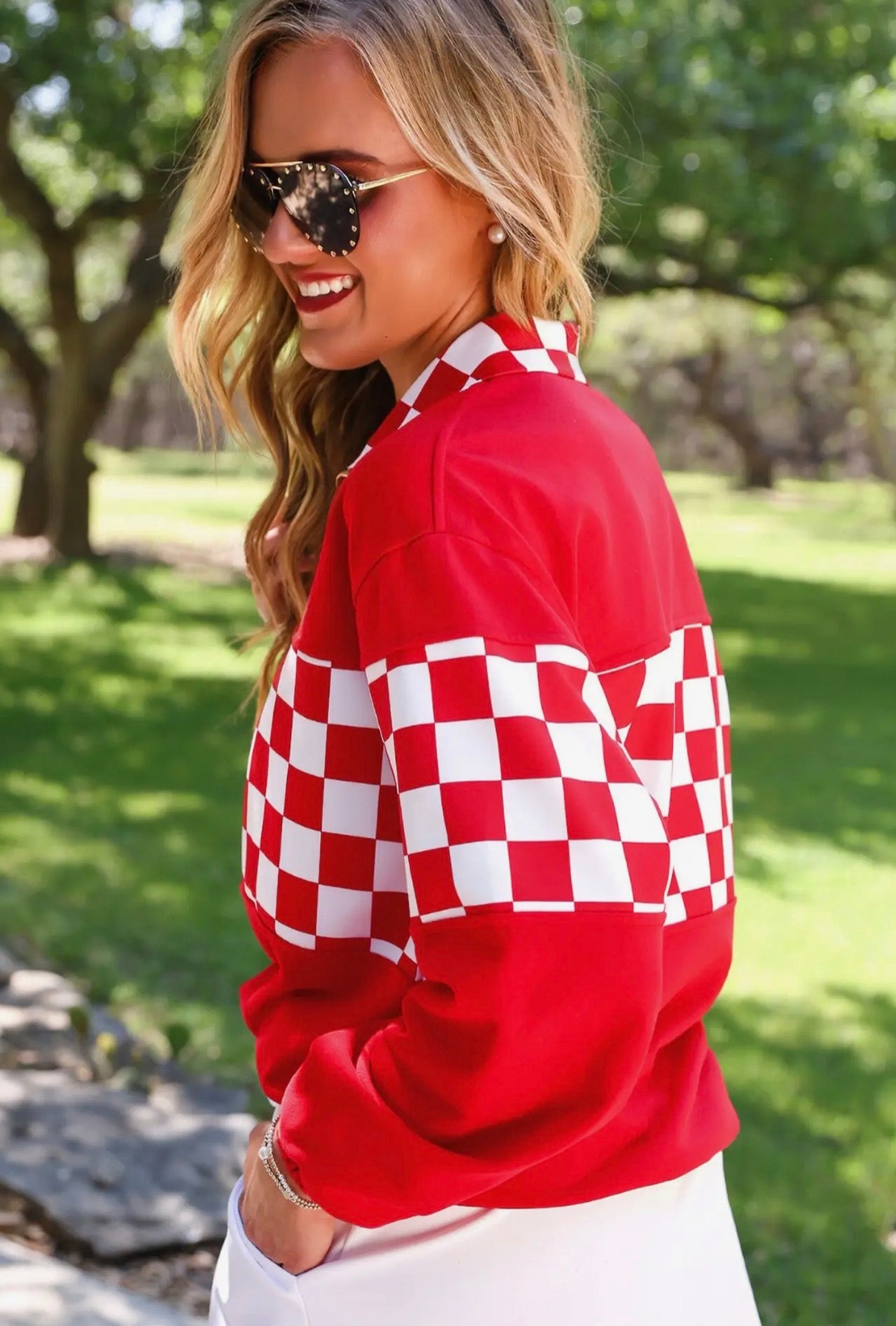 Red End Zone Checkered Pullover
