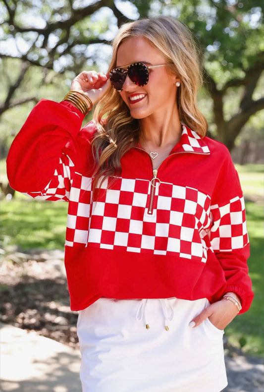 Red End Zone Checkered Pullover