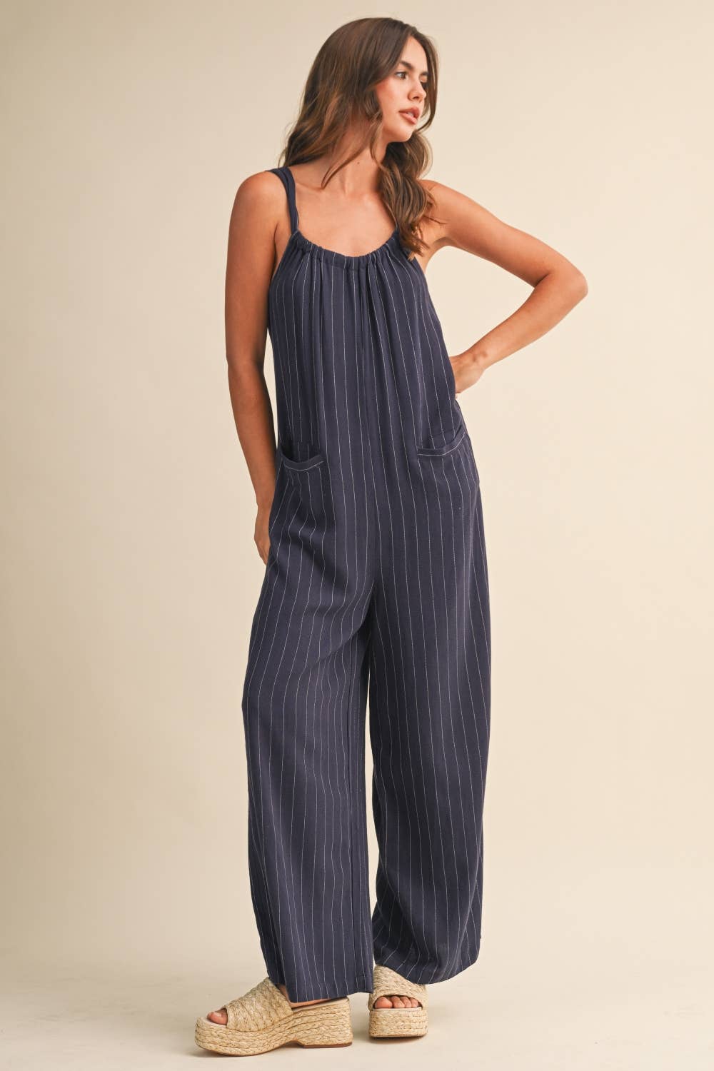 IJP3259 PINSTRIPE RELAXED FIT SLEEVELESS JUMPSUIT