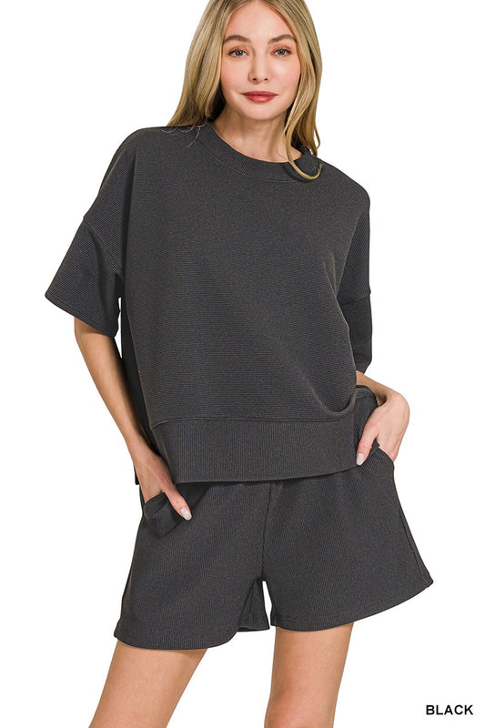 Black Ribbed Round Neck Waist Banded Tee & Shorts Set