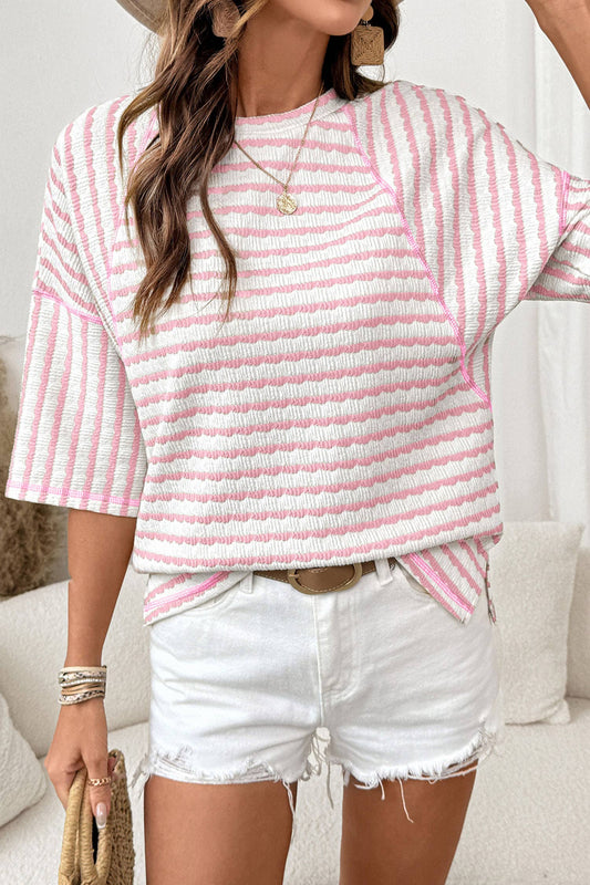 Stripe Textured Knit Split Hem Half Sleeve Top | S-4X