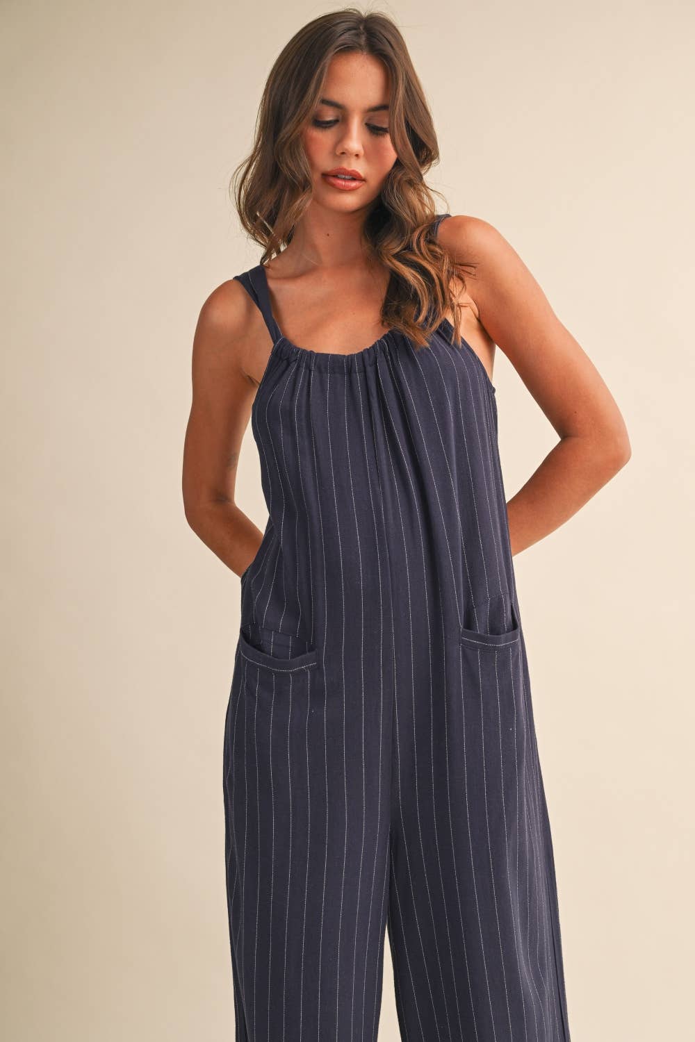 IJP3259 PINSTRIPE RELAXED FIT SLEEVELESS JUMPSUIT