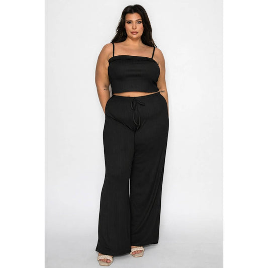 PLUS SIZE CROP TANK AND ELASTIC WAIST WIDE LEG PANTS MATCHIN