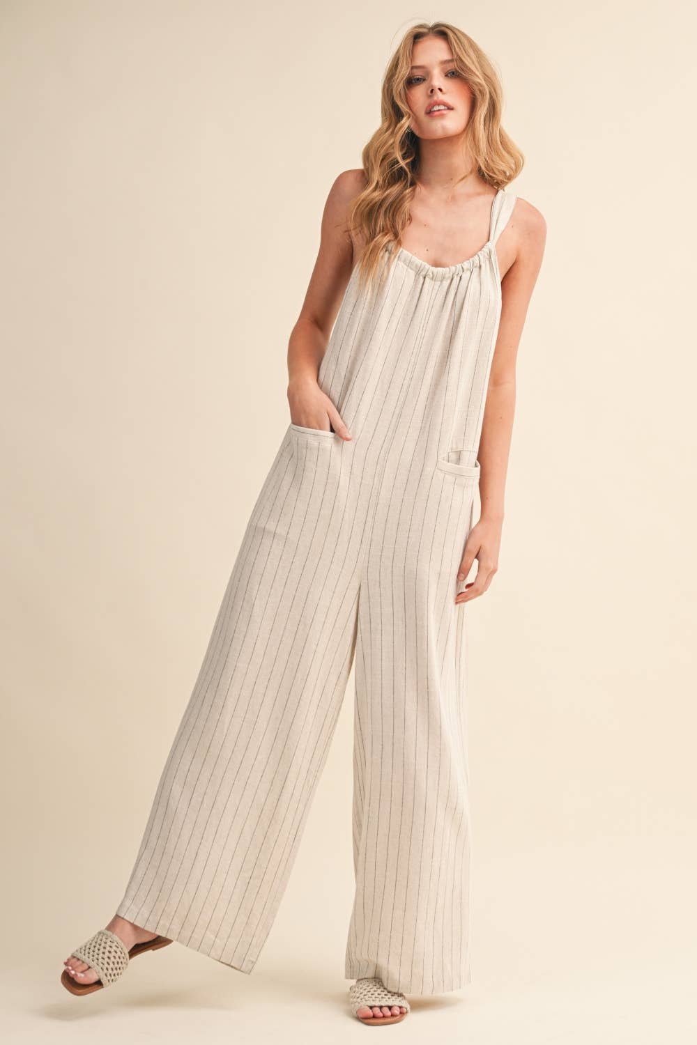 IJP3259 PINSTRIPE RELAXED FIT SLEEVELESS JUMPSUIT
