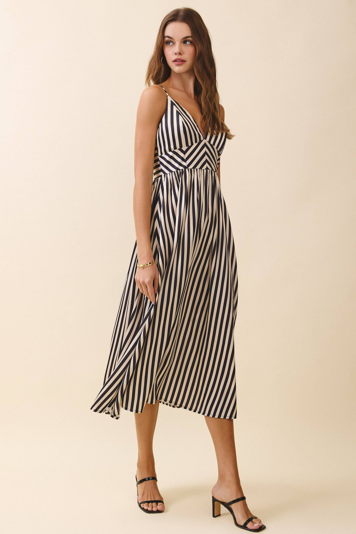 CD06334-Striped V Neck Smocked Back Midi Dress