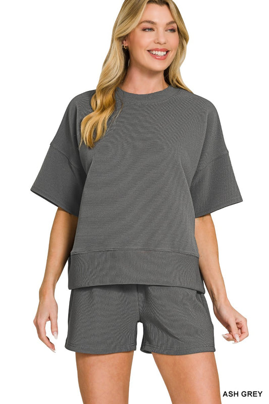 Black Ribbed Round Neck Waist Banded Tee & Shorts Set